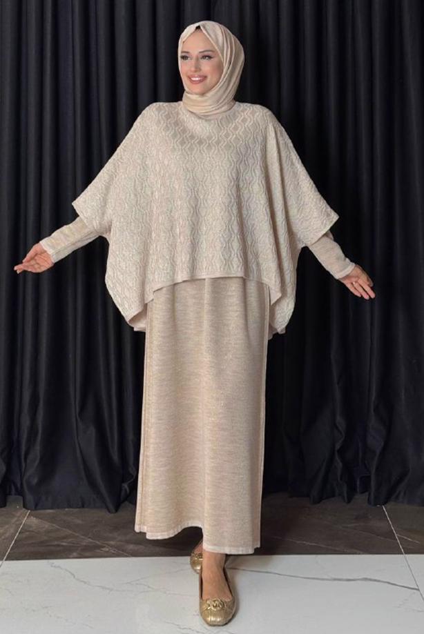 Tesettür giyim BEJ DESENLİ PANÇO T 52381 - TRENDTESETTÜR