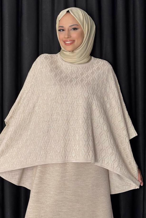 Tesettür giyim BEJ DESENLİ PANÇO T 52381 - TRENDTESETTÜR
