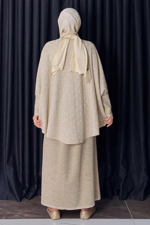 Tesettür giyim BEJ DESENLİ PANÇO T 52381 - TRENDTESETTÜR