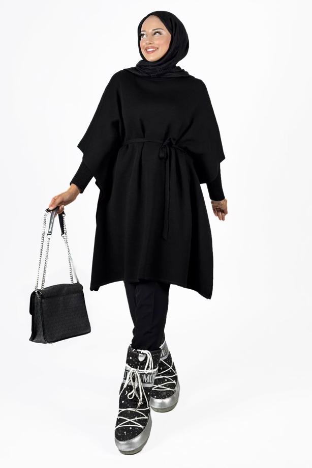 Tesettür giyim SİYAH BELDEN BAĞCIKLI PANÇO T 80381 - TRENDTESETTÜR