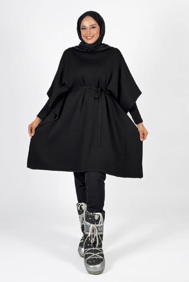 Tesettür giyim SİYAH BELDEN BAĞCIKLI PANÇO T 80381 - TRENDTESETTÜR