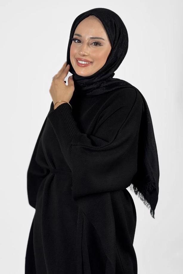Tesettür giyim SİYAH BELDEN BAĞCIKLI PANÇO T 80381 - TRENDTESETTÜR