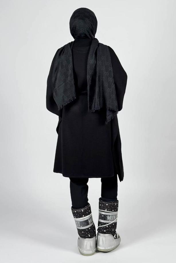 Tesettür giyim SİYAH BELDEN BAĞCIKLI PANÇO T 80381 - TRENDTESETTÜR