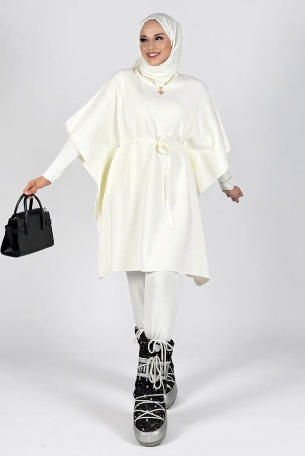 Tesettür giyim EKRU BELDEN BAĞCIKLI PANÇO T 80381 - TRENDTESETTÜR