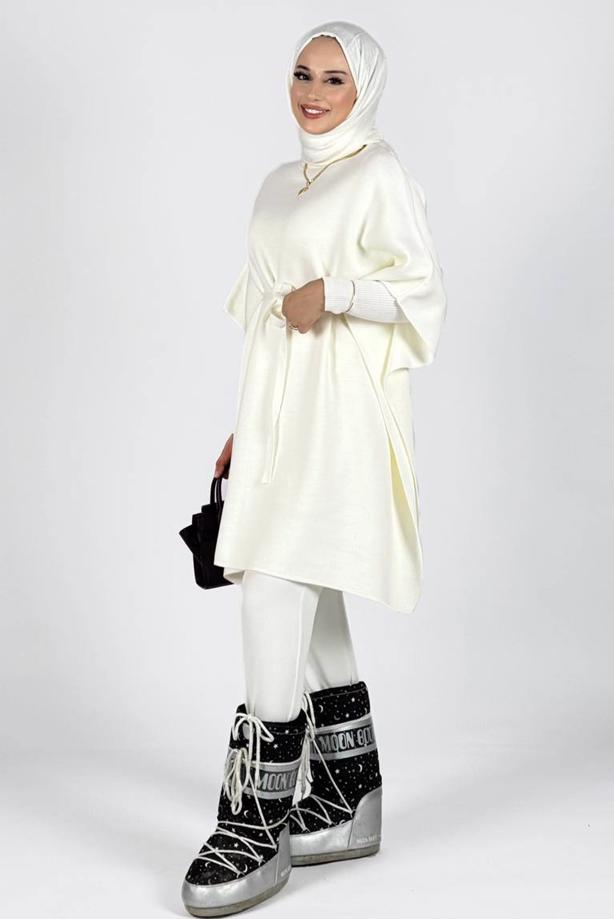 Tesettür giyim EKRU BELDEN BAĞCIKLI PANÇO T 80381 - TRENDTESETTÜR