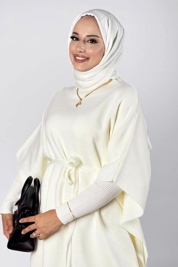 Tesettür giyim EKRU BELDEN BAĞCIKLI PANÇO T 80381 - TRENDTESETTÜR
