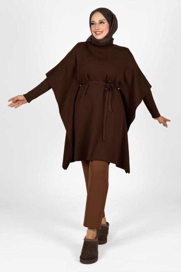 Tesettür giyim KAHVE BELDEN BAĞCIKLI PANÇO T 80381 - TRENDTESETTÜR