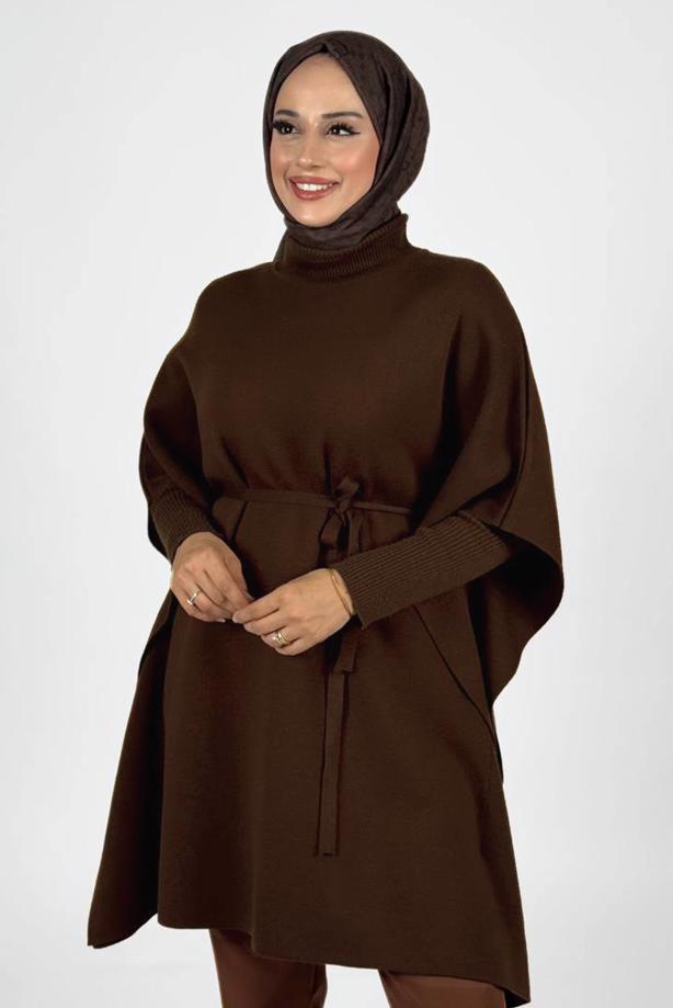 Tesettür giyim KAHVE BELDEN BAĞCIKLI PANÇO T 80381 - TRENDTESETTÜR