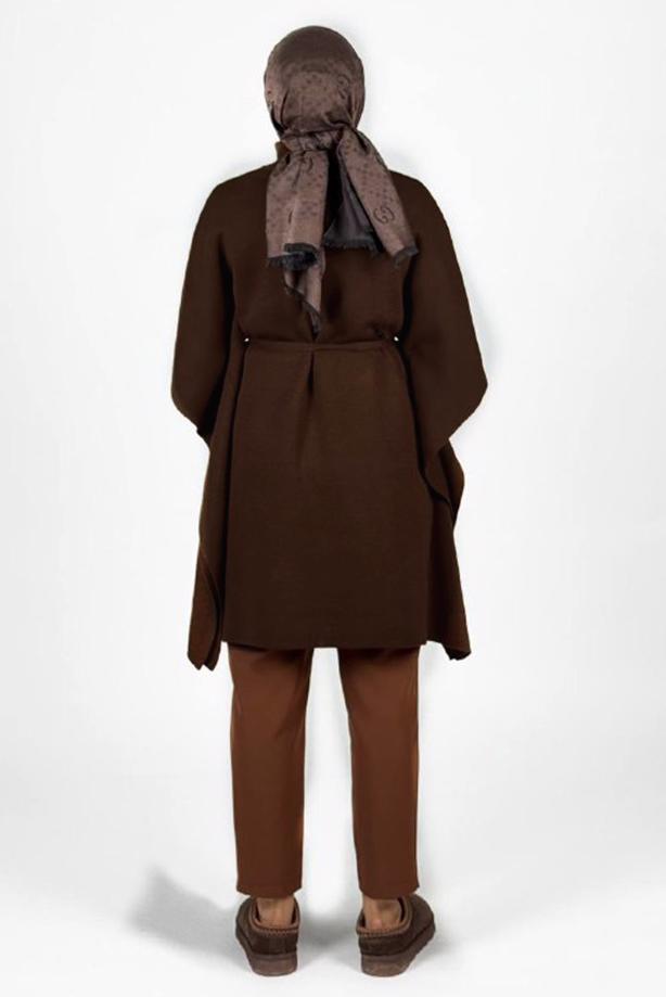 Tesettür giyim KAHVE BELDEN BAĞCIKLI PANÇO T 80381 - TRENDTESETTÜR