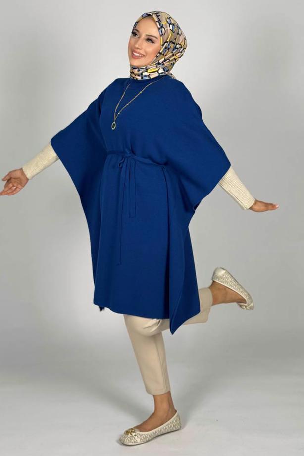 Vêtements hijab BLEU MARINE PONCHO TAILLE NOUÉE T 80381 - TRENDTESETTÜR