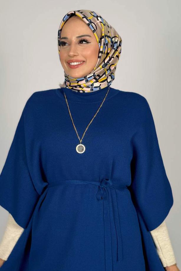 Vêtements hijab BLEU MARINE PONCHO TAILLE NOUÉE T 80381 - TRENDTESETTÜR