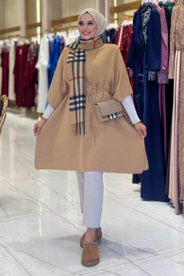 Tesettür giyim TABA BELDEN BAĞCIKLI PANÇO T 80381 - TRENDTESETTÜR