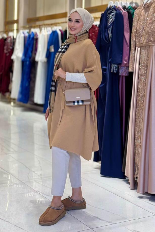 Tesettür giyim TABA BELDEN BAĞCIKLI PANÇO T 80381 - TRENDTESETTÜR