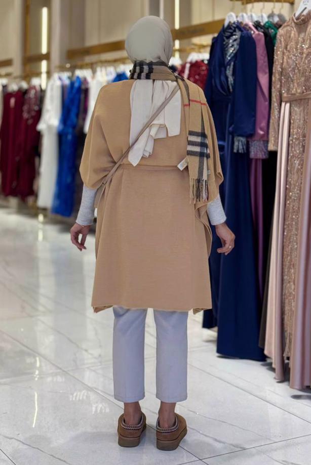 Tesettür giyim TABA BELDEN BAĞCIKLI PANÇO T 80381 - TRENDTESETTÜR