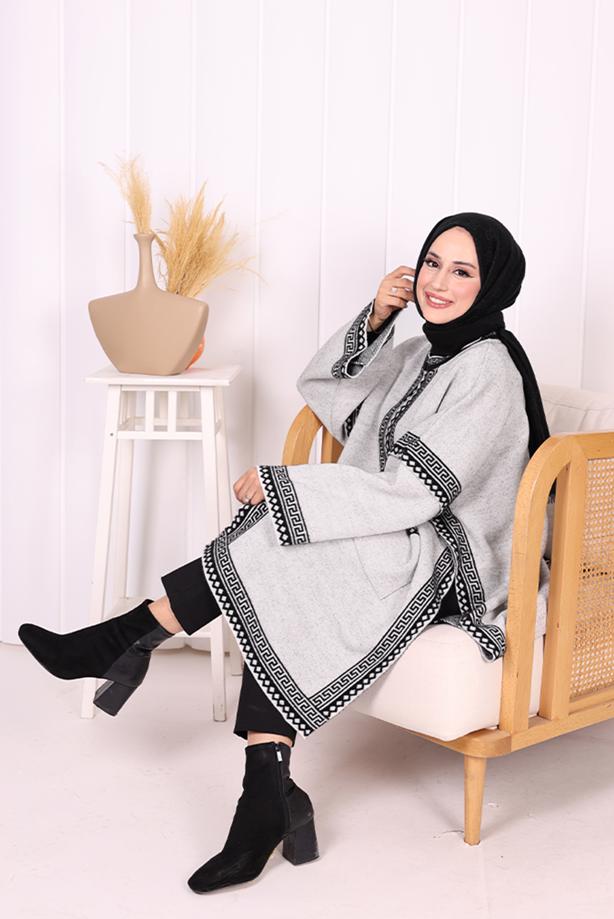 Hijab clothing GREY ZIPPERED KNITWEAR PONCHO T 80621 - TRENDTESETTÜR