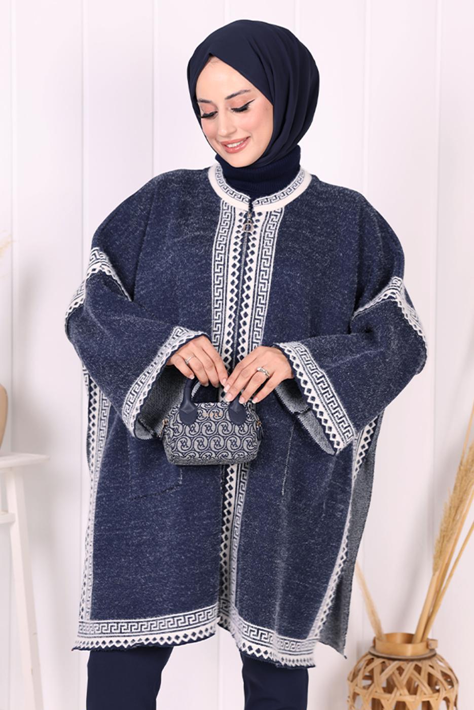 Hijab clothing NAVY BLUE ZIPPERED KNITWEAR PONCHO T 80621