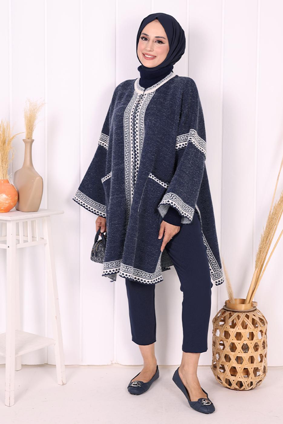Hijab clothing NAVY BLUE ZIPPERED KNITWEAR PONCHO T 80621