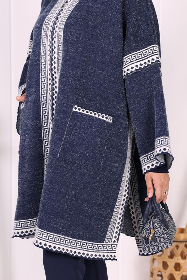 Hijab clothing NAVY BLUE ZIPPERED KNITWEAR PONCHO T 80621 - TRENDTESETTÜR
