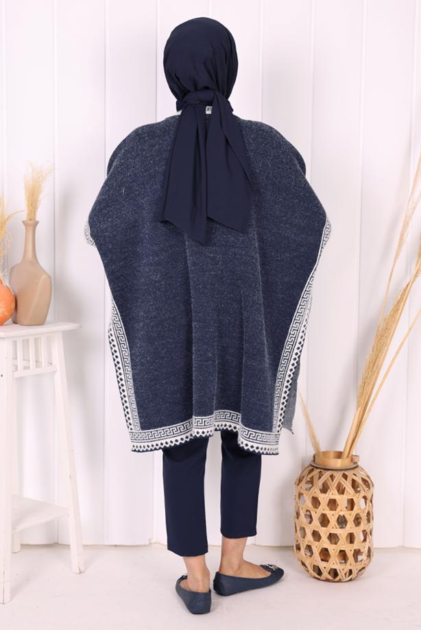 Hijab clothing NAVY BLUE ZIPPERED KNITWEAR PONCHO T 80621 - TRENDTESETTÜR