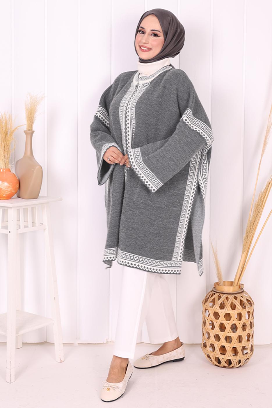 Hijab clothing GREY ZIPPERED KNITWEAR PONCHO T 80621