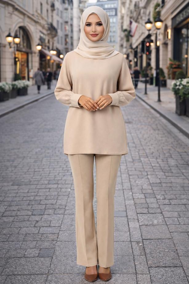 Tesettür giyim BEJ İSPANYOL PAÇA PANTOLON T 6011 - TRENDTESETTÜR