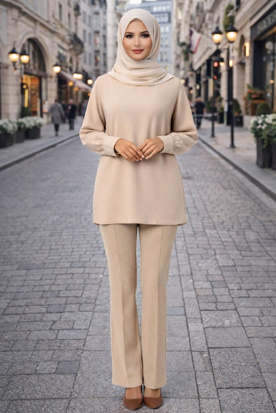 Tesettür giyim BEJ İSPANYOL PAÇA PANTOLON T 6011