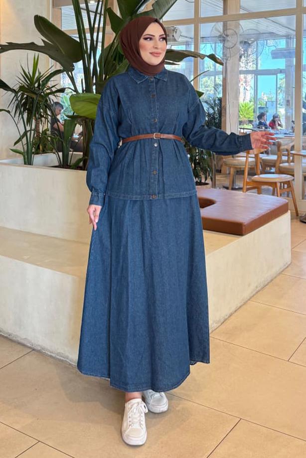 Vêtements hijab BLEU MARINE ENSEMBLE JUPE EN JEAN T 7989 - TRENDTESETTÜR