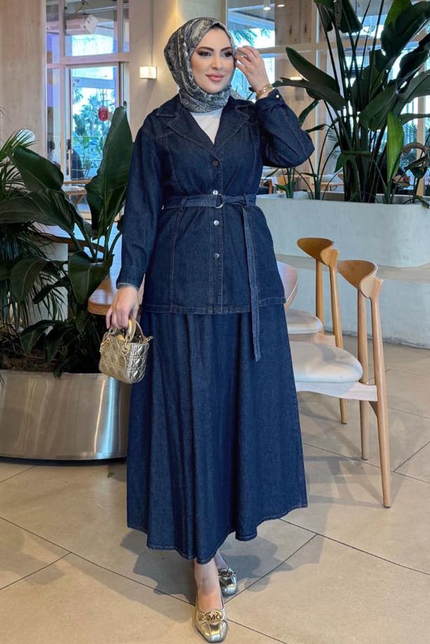 Vêtements hijab BLEU MARINE ENSEMBLE JUPE EN JEAN T 8787 - TRENDTESETTÜR