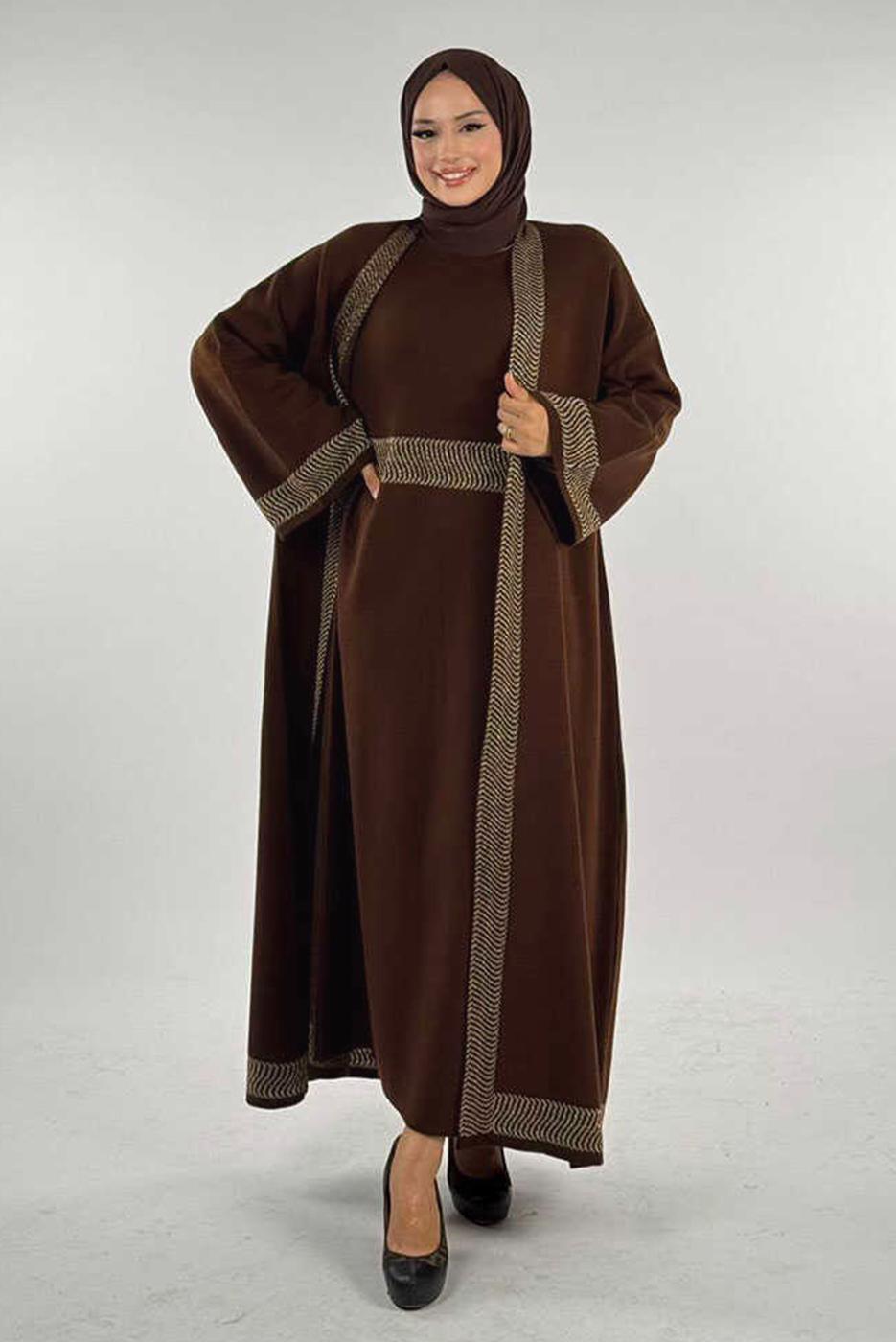Tesettür giyim KAHVE CEKETLİ ELBİSELİ TAKIM T 11381