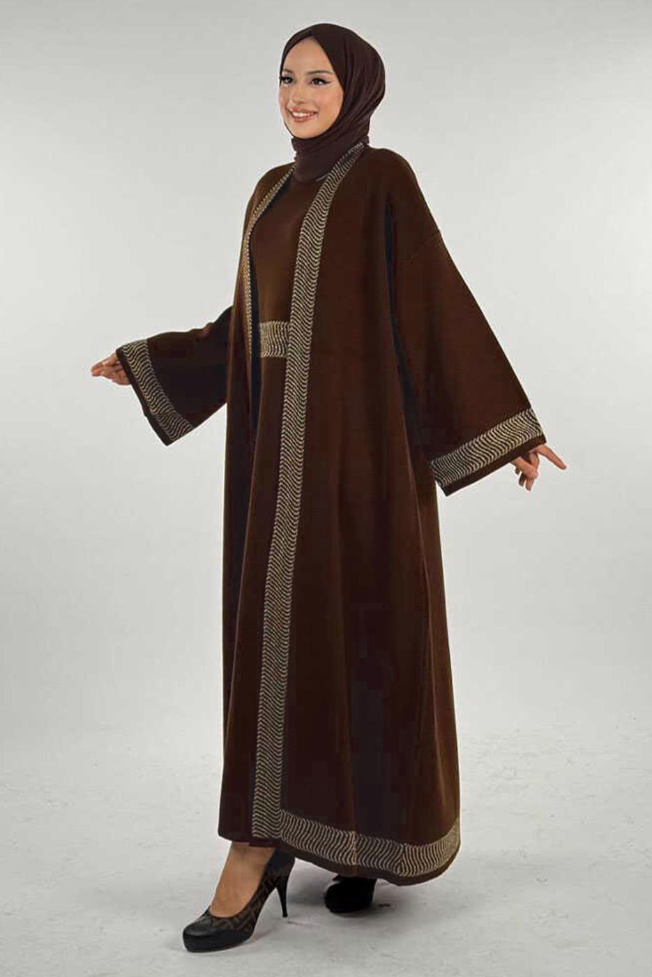 Tesettür giyim KAHVE CEKETLİ ELBİSELİ TAKIM T 11381