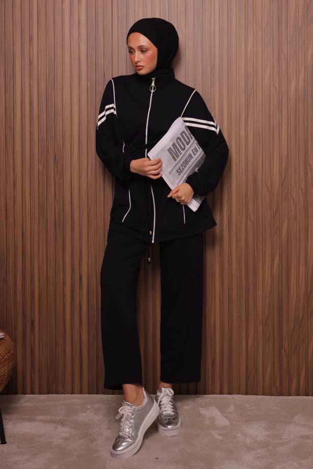 Tesettür giyim SİYAH BELİ BAĞCIKLI PANTOLONLU TAKIM T 0035 - TRENDTESETTÜR