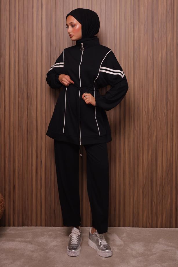 Tesettür giyim SİYAH BELİ BAĞCIKLI PANTOLONLU TAKIM T 0035 - TRENDTESETTÜR