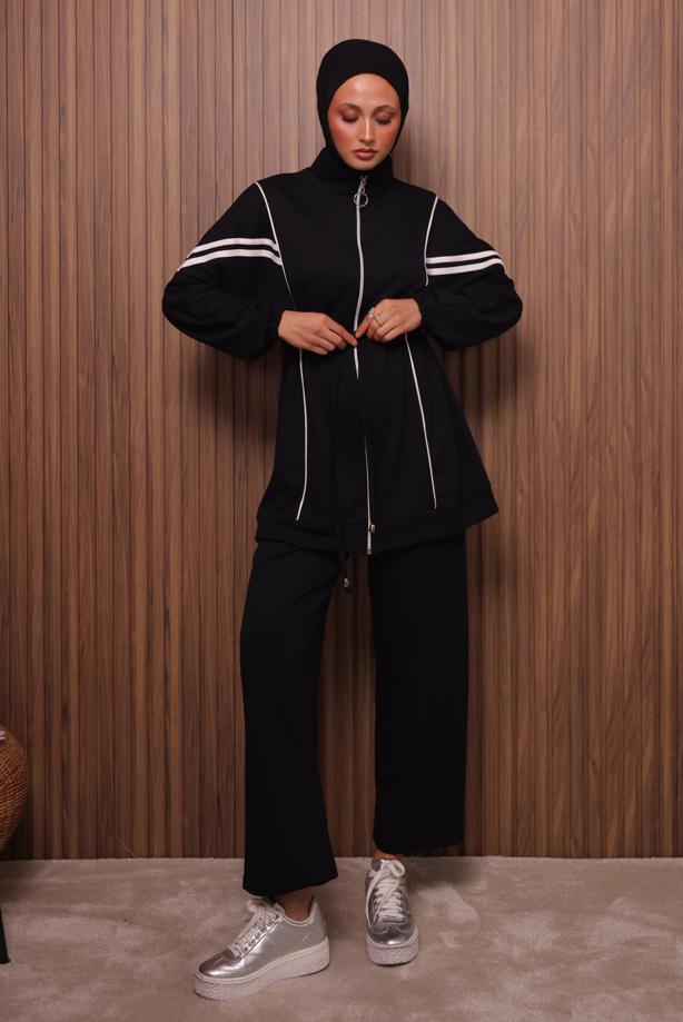 Tesettür giyim SİYAH BELİ BAĞCIKLI PANTOLONLU TAKIM T 0035 - TRENDTESETTÜR