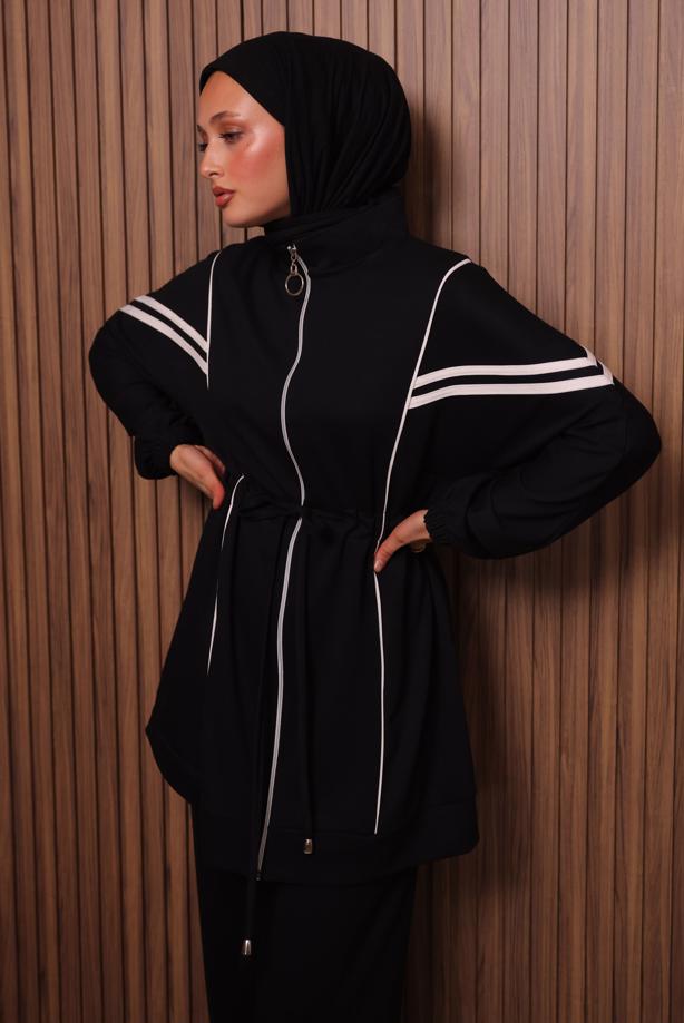 Tesettür giyim SİYAH BELİ BAĞCIKLI PANTOLONLU TAKIM T 0035 - TRENDTESETTÜR