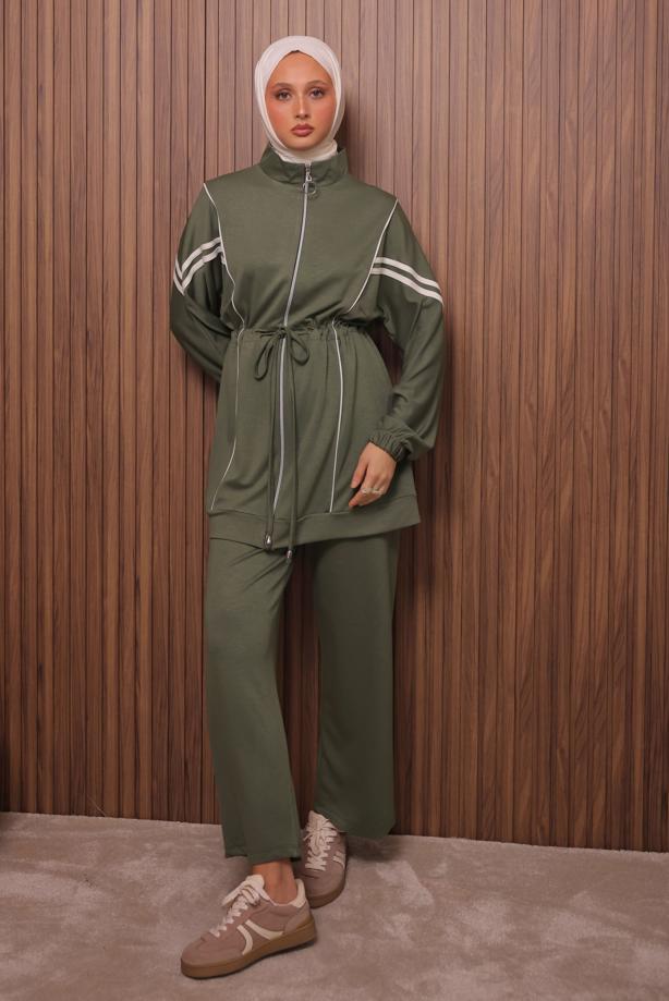 Tesettür giyim HAKİ BELİ BAĞCIKLI PANTOLONLU TAKIM T 0035 - TRENDTESETTÜR