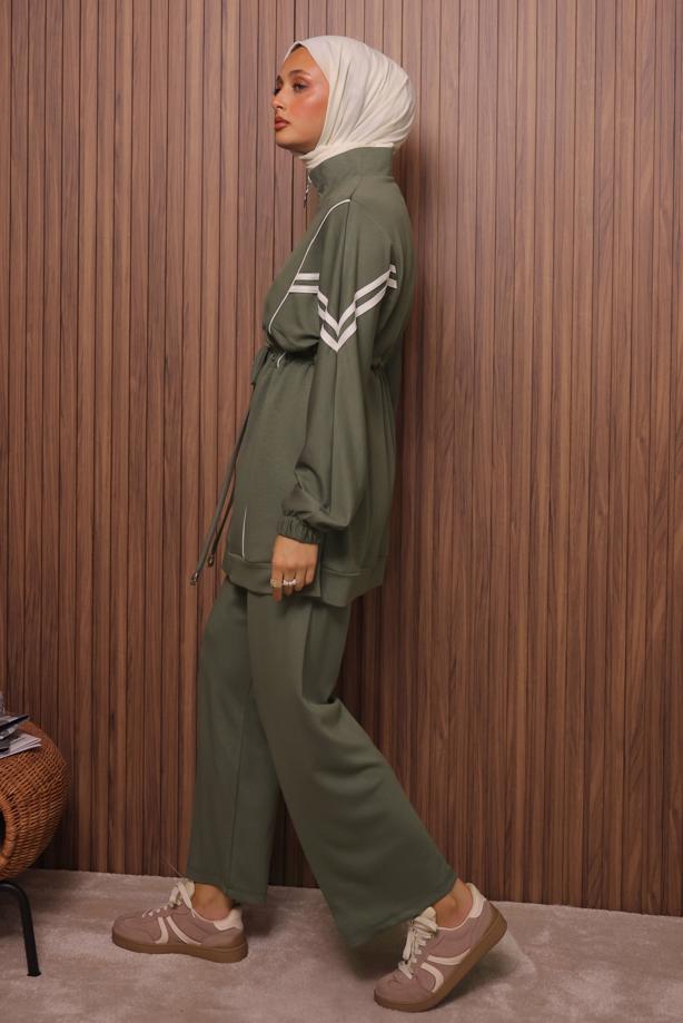 Tesettür giyim HAKİ BELİ BAĞCIKLI PANTOLONLU TAKIM T 0035 - TRENDTESETTÜR