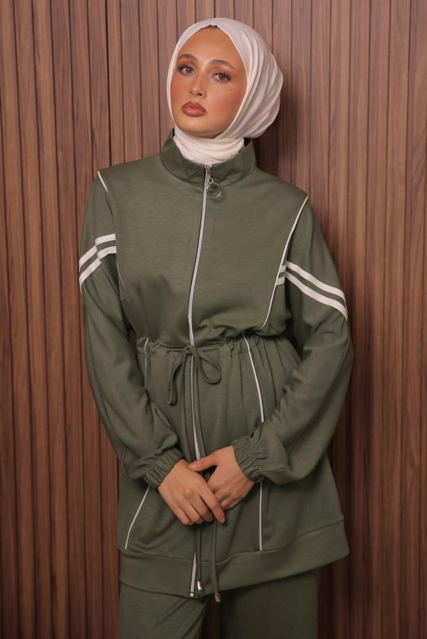 Tesettür giyim HAKİ BELİ BAĞCIKLI PANTOLONLU TAKIM T 0035 - TRENDTESETTÜR