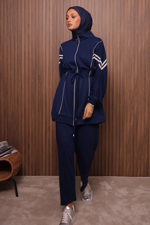 Tesettür giyim LACİVERT BELİ BAĞCIKLI PANTOLONLU TAKIM T 0035 - TRENDTESETTÜR