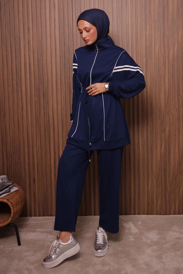 Tesettür giyim LACİVERT BELİ BAĞCIKLI PANTOLONLU TAKIM T 0035 - TRENDTESETTÜR