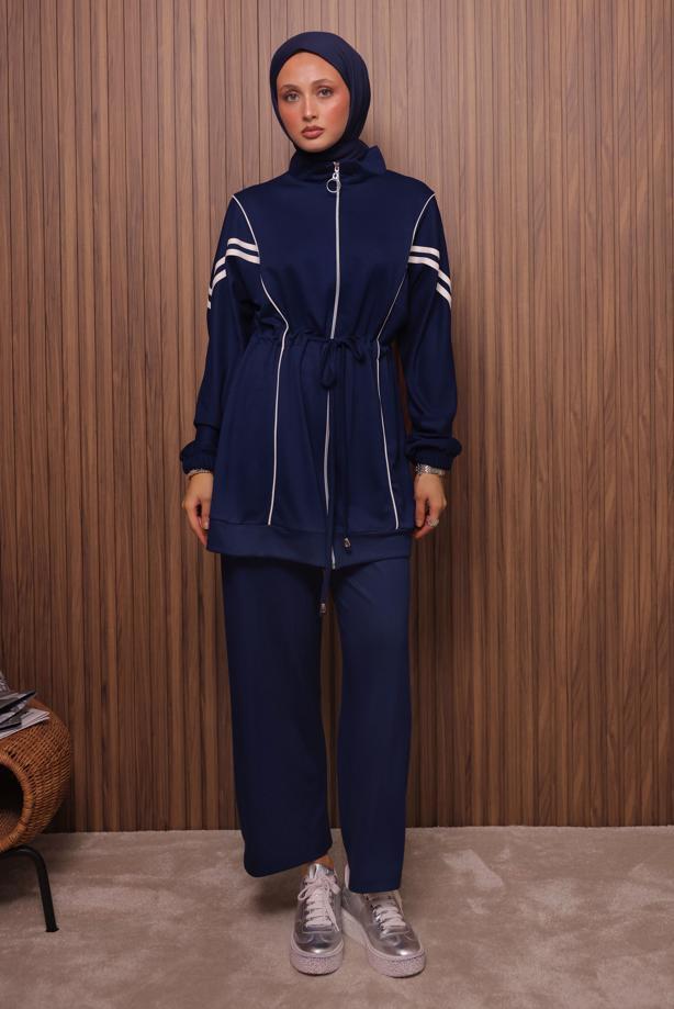 Tesettür giyim LACİVERT BELİ BAĞCIKLI PANTOLONLU TAKIM T 0035 - TRENDTESETTÜR