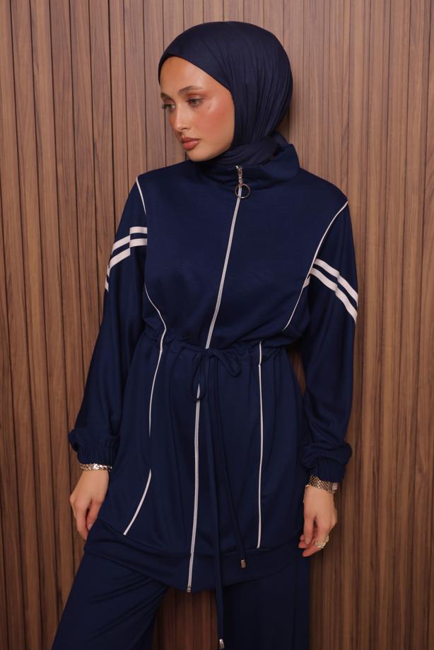 Tesettür giyim LACİVERT BELİ BAĞCIKLI PANTOLONLU TAKIM T 0035 - TRENDTESETTÜR