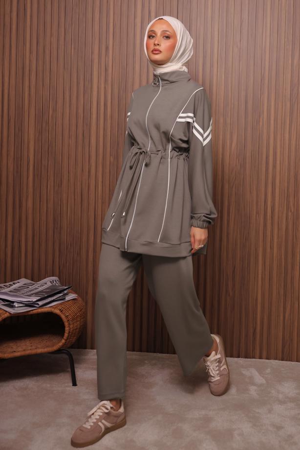 Tesettür giyim VİZON BELİ BAĞCIKLI PANTOLONLU TAKIM T 0035 - TRENDTESETTÜR