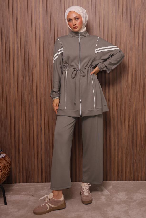 Tesettür giyim VİZON BELİ BAĞCIKLI PANTOLONLU TAKIM T 0035 - TRENDTESETTÜR