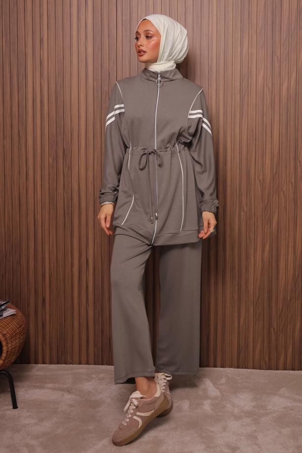 Tesettür giyim VİZON BELİ BAĞCIKLI PANTOLONLU TAKIM T 0035 - TRENDTESETTÜR