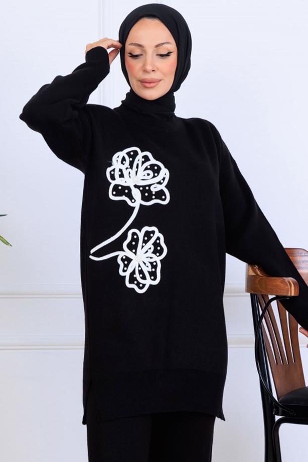 Tesettür giyim SİYAH T 0211 BN PANTOLONLU TRİKO TAKIM - TRENDTESETTÜR