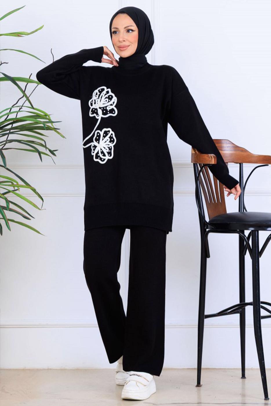 Tesettür giyim SİYAH T 0211 BN PANTOLONLU TRİKO TAKIM