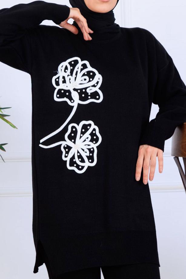 Tesettür giyim SİYAH T 0211 BN PANTOLONLU TRİKO TAKIM - TRENDTESETTÜR