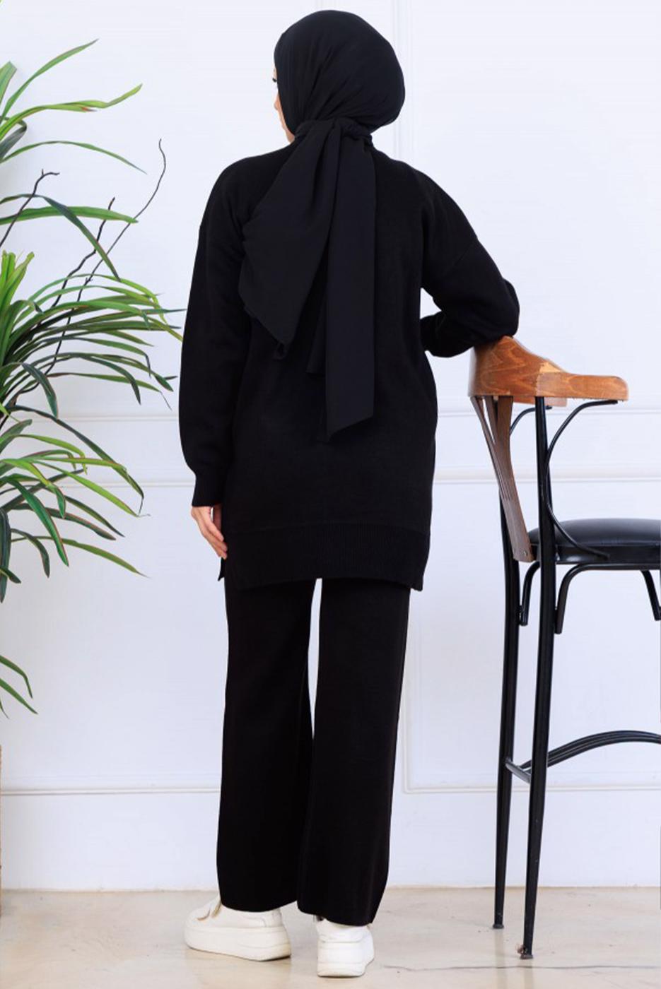 Tesettür giyim SİYAH T 0211 BN PANTOLONLU TRİKO TAKIM