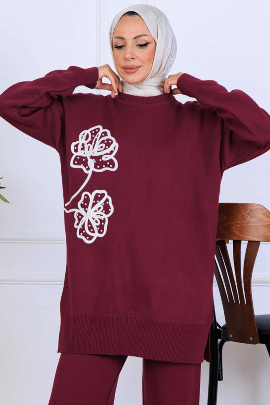 Tesettür giyim BORDO T 0211 BN PANTOLONLU TRİKO TAKIM