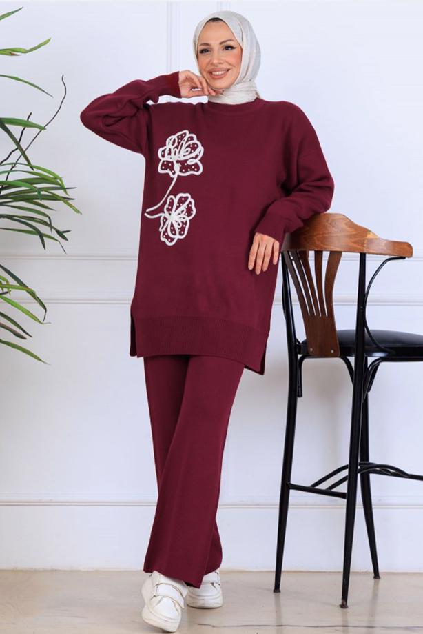 Tesettür giyim BORDO T 0211 BN PANTOLONLU TRİKO TAKIM - TRENDTESETTÜR